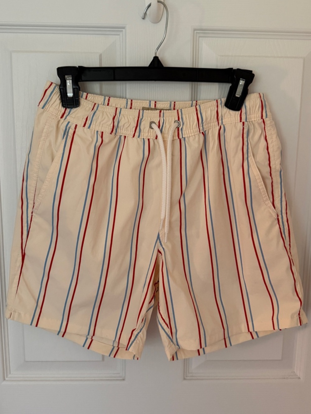 J. Crew Cream Drawstring Shorts with Red & Blue Stripes